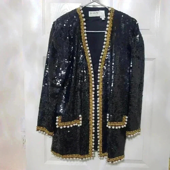Vintage Black Tie Sequin Pearl Jacket - Picture 1 of 8